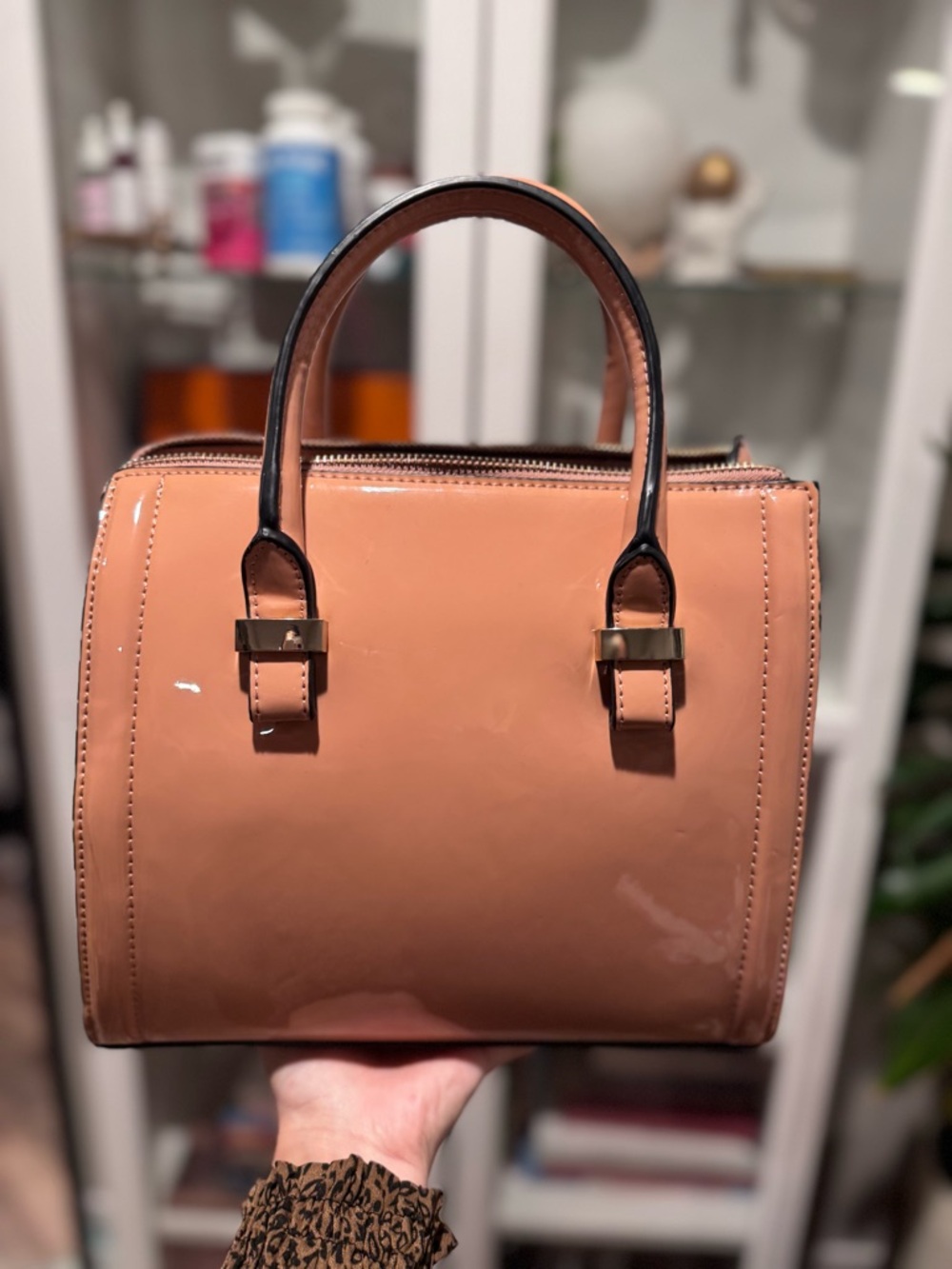 Glossy Patent Satchel in Peach with Black Trim